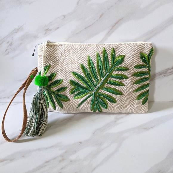 Handbags - Embroidered Beaded Palm Leaf Boho Wristlet Clutch